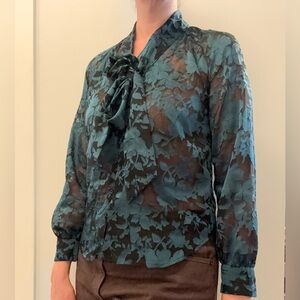 cooper & ella Teal Floral Sheer Tie-Neck Blouse